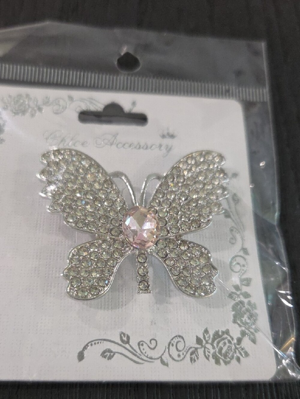 Chloe Accessory Pink Rhinestone Butterfly Brooch - Picture 2 of 4